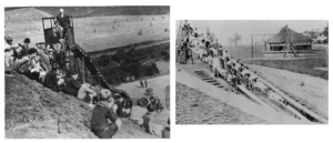 Two black-and-white photos show groups of children riding long wooden slides on grassy hills in public parks, with children and adults watching nearby.