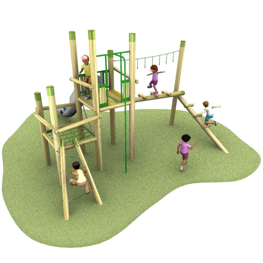 Wooden Climbing frame with grass and children