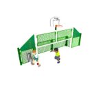 Two children play near a green and white outdoor sports set-up with a basketball hoop, nets, and target panels.