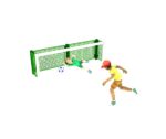 A child in green dives to block a football in front of a mini goal, while another child in yellow runs towards the net.