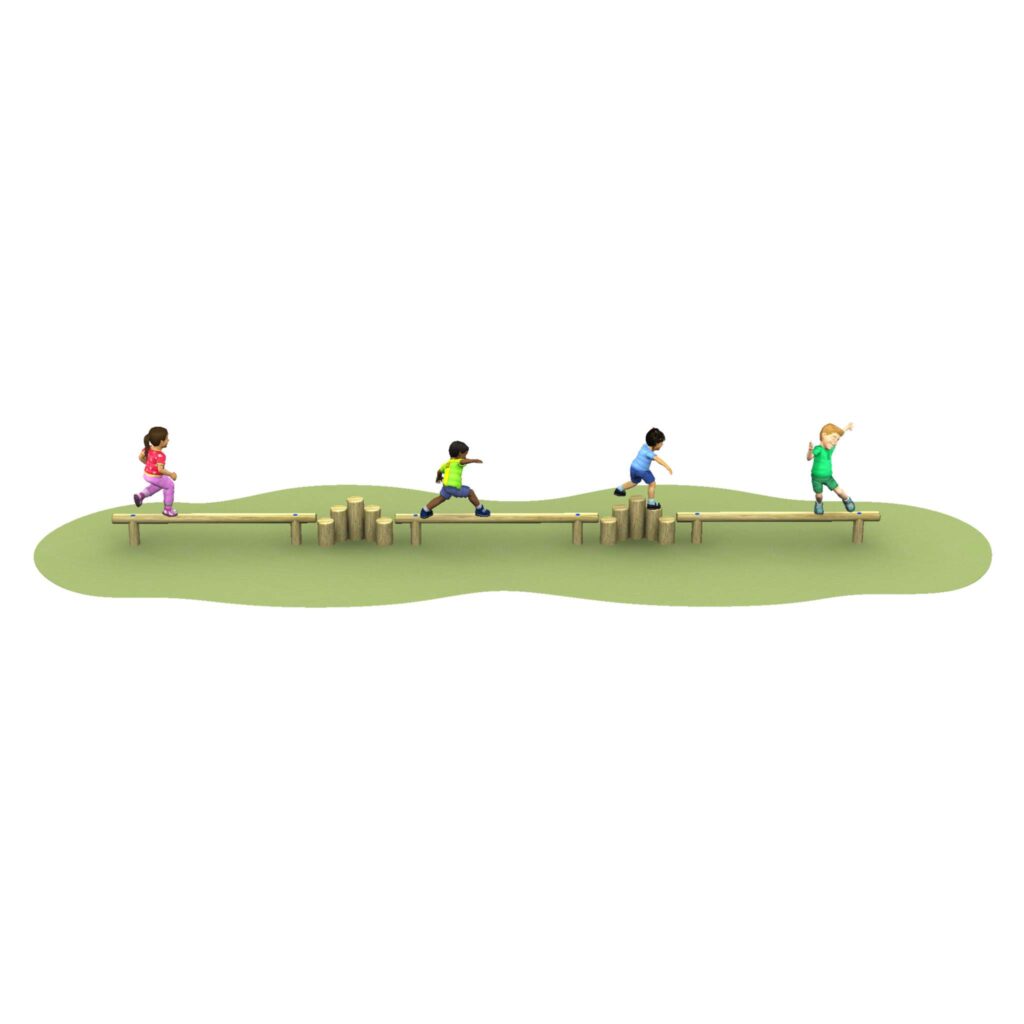 Four children are balancing and walking on a series of wooden beams and stumps set over a green surface.