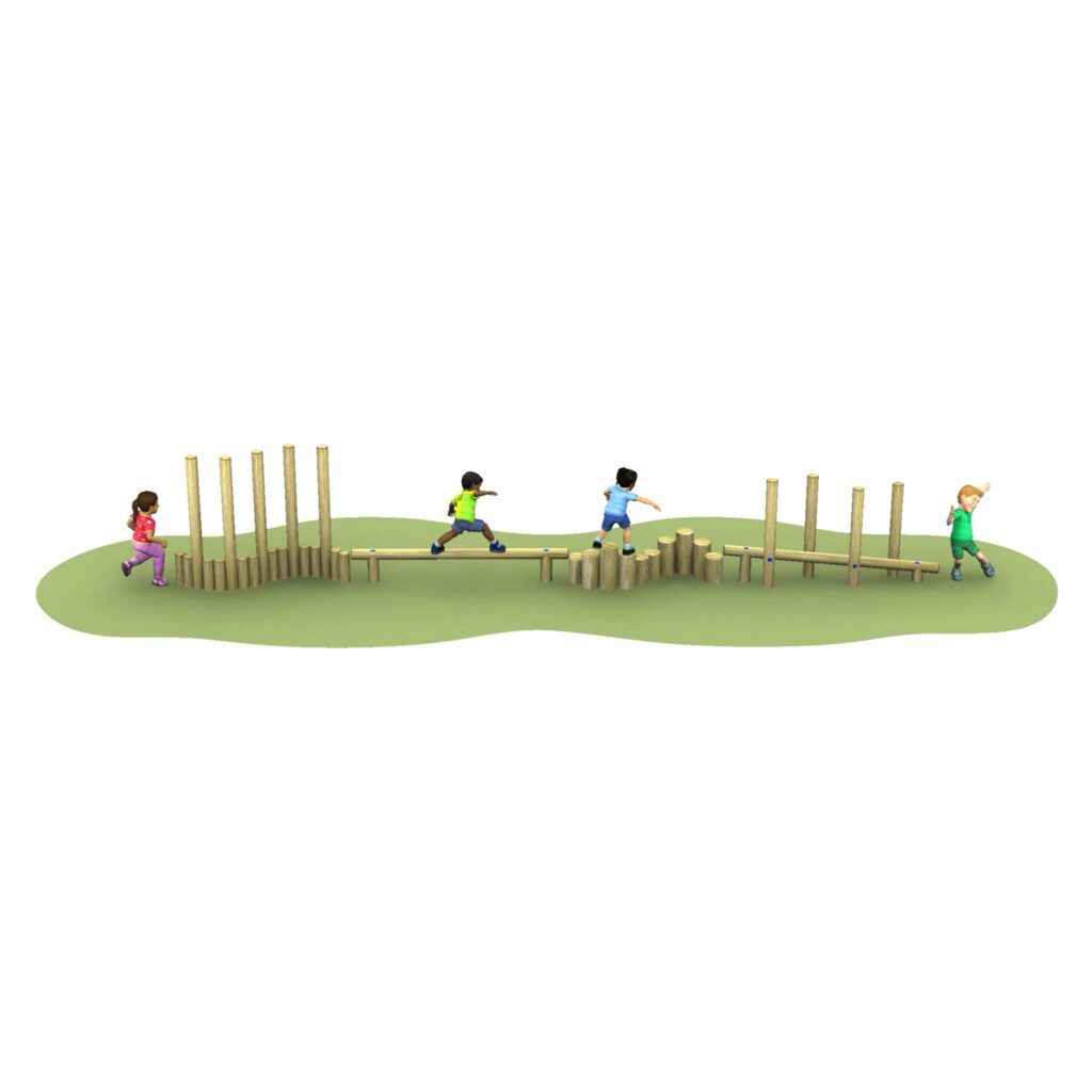 Four children play and balance on a wooden assault course with poles and platforms on a green surface.