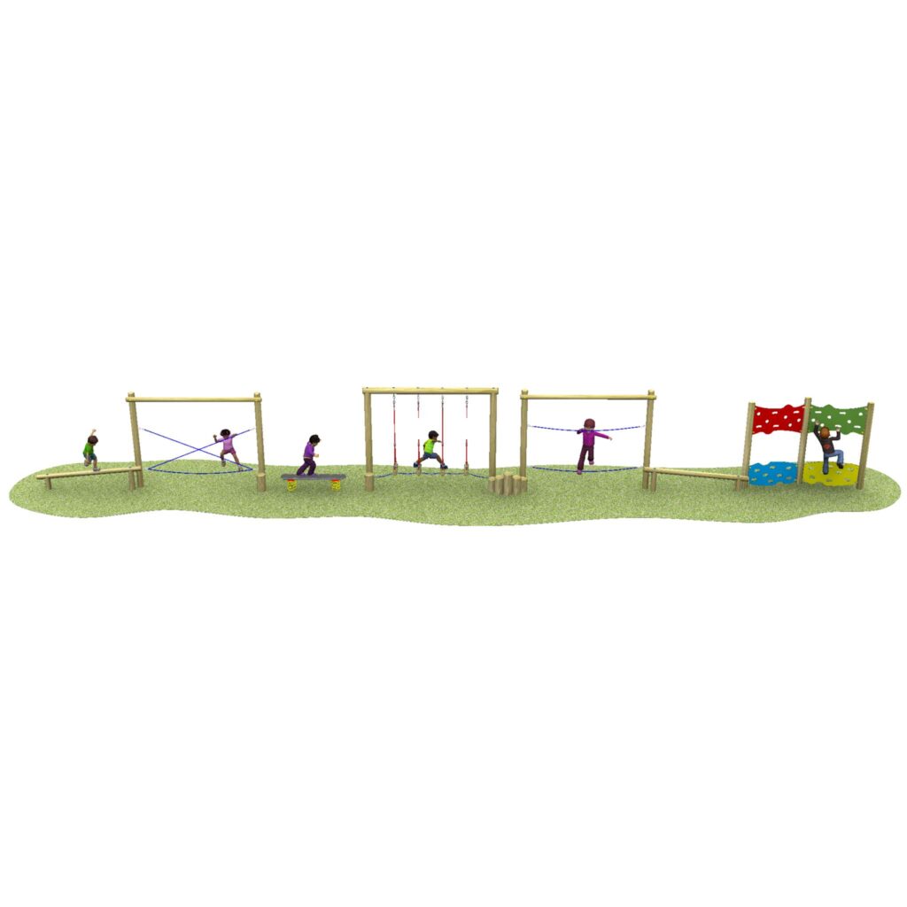 Children play on a wooden outdoor assault course with ropes, swings, balancing beams, and a climbing wall on a grassy area.