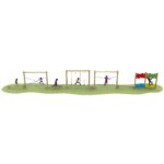 Children play on a wooden outdoor assault course with ropes, swings, balancing beams, and a climbing wall on a grassy area.