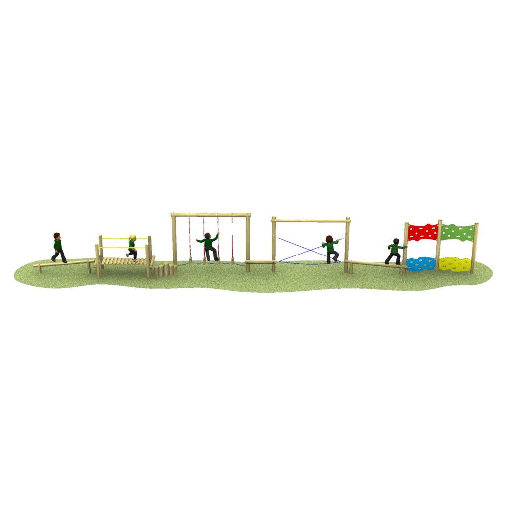 Children play on a wooden outdoor assault course with balance beams, climbing nets, and coloured climbing panels on a grassy surface.