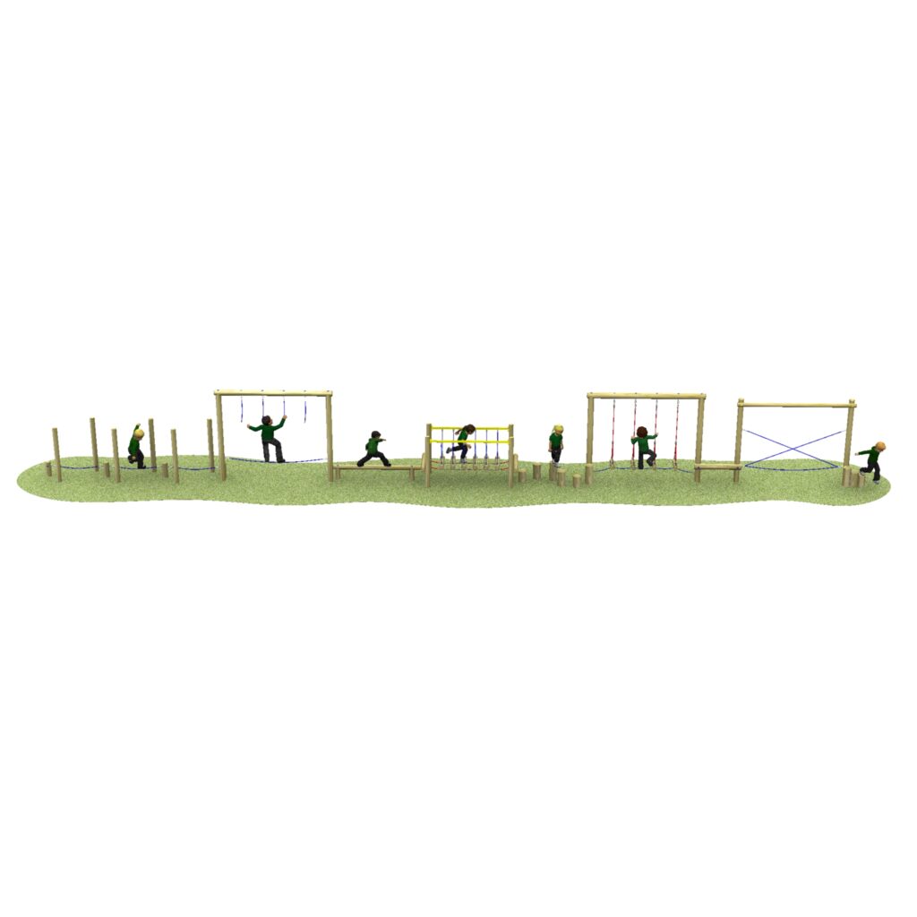 Outdoor playground assault course with children climbing, balancing, and swinging on wooden equipment set on grass.