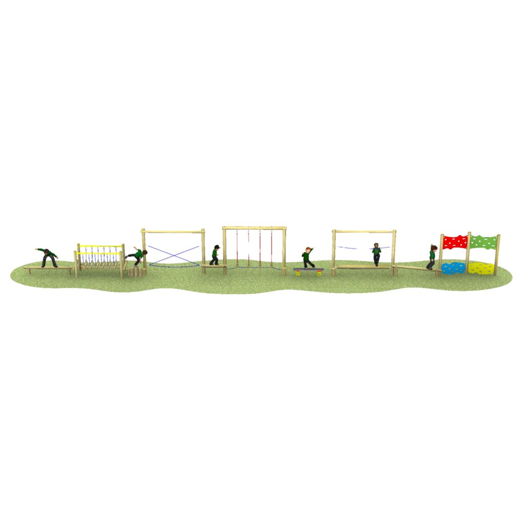A playground assault course with six stations including a climbing net, rope walk, suspended ropes, balance beam, overhead bars, and a climbing wall. Children are using the apparatus.