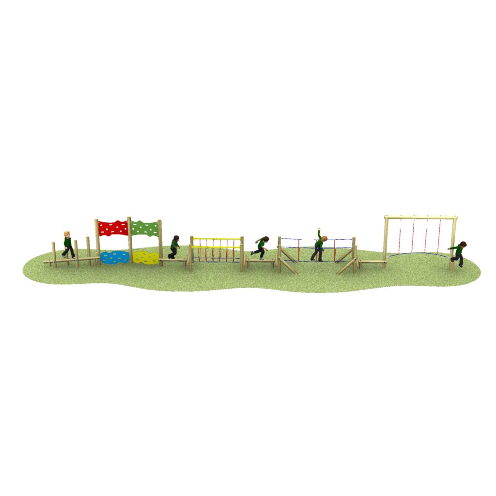 Children are playing on an outdoor playground assault course with climbing walls, balance beams, and swings on a grassy area.