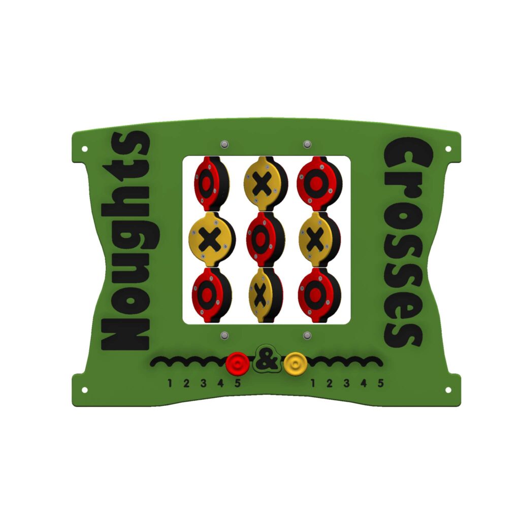Green playground noughts and crosses panel labelled Noughts & Crosses with rotating red and yellow discs showing X and O symbols.