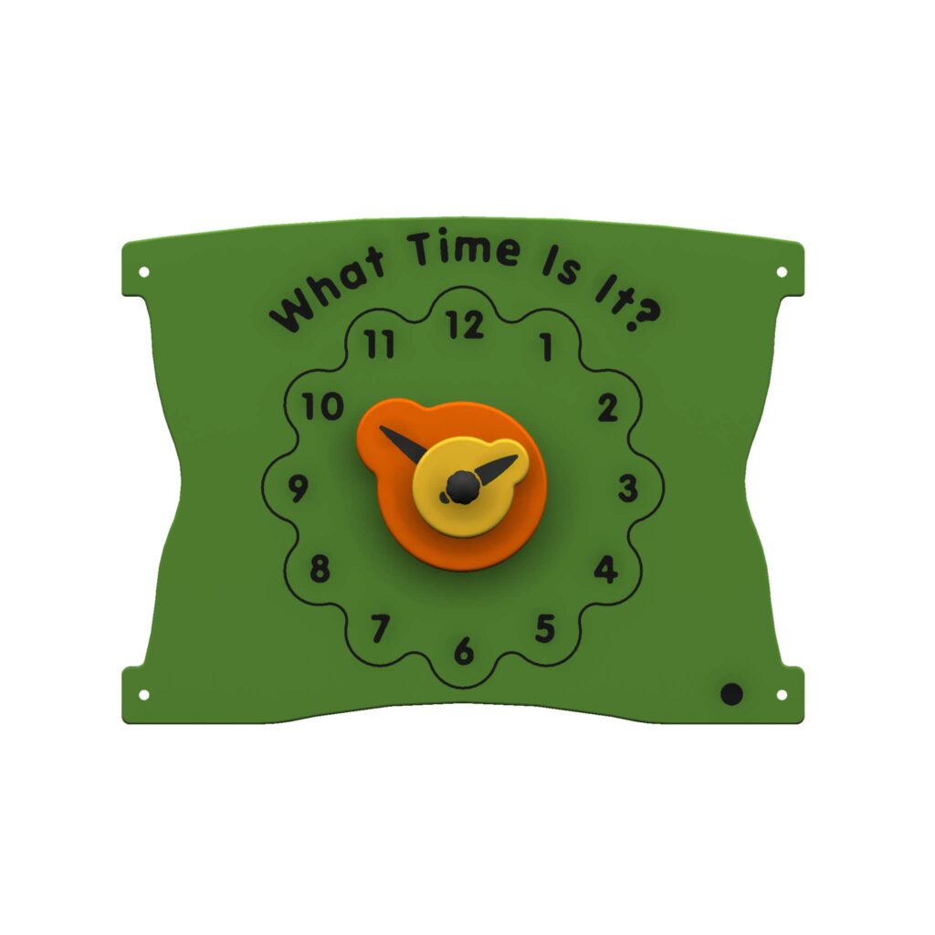 A green learning clock with labelled numbers 1 to 12, yellow hour and orange minute hands, and the text What Time Is It? above the clock face.