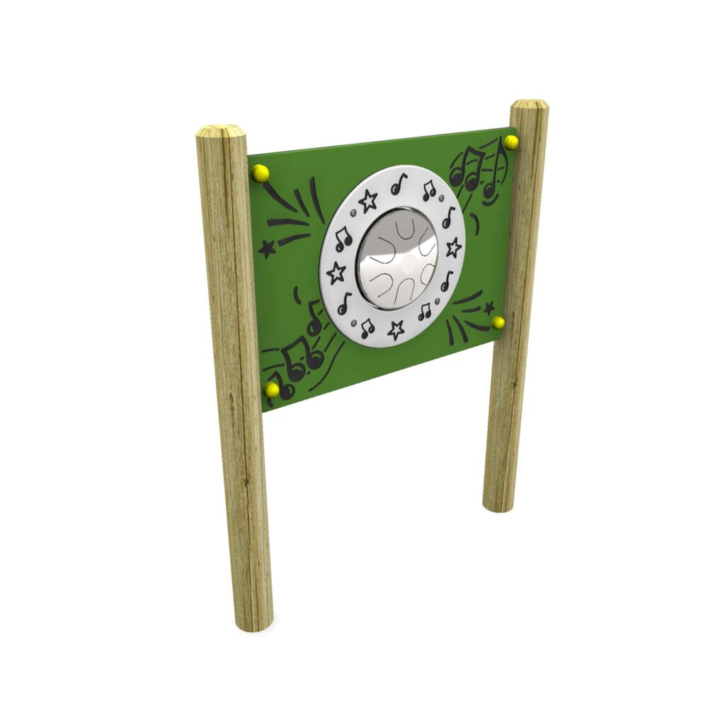 A green outdoor musical play panel with wooden posts, a central silver drum, and black musical note decorations.