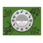 A green panel with a round silver musical instrument in the centre, surrounded by black musical notes, stars, and lines.