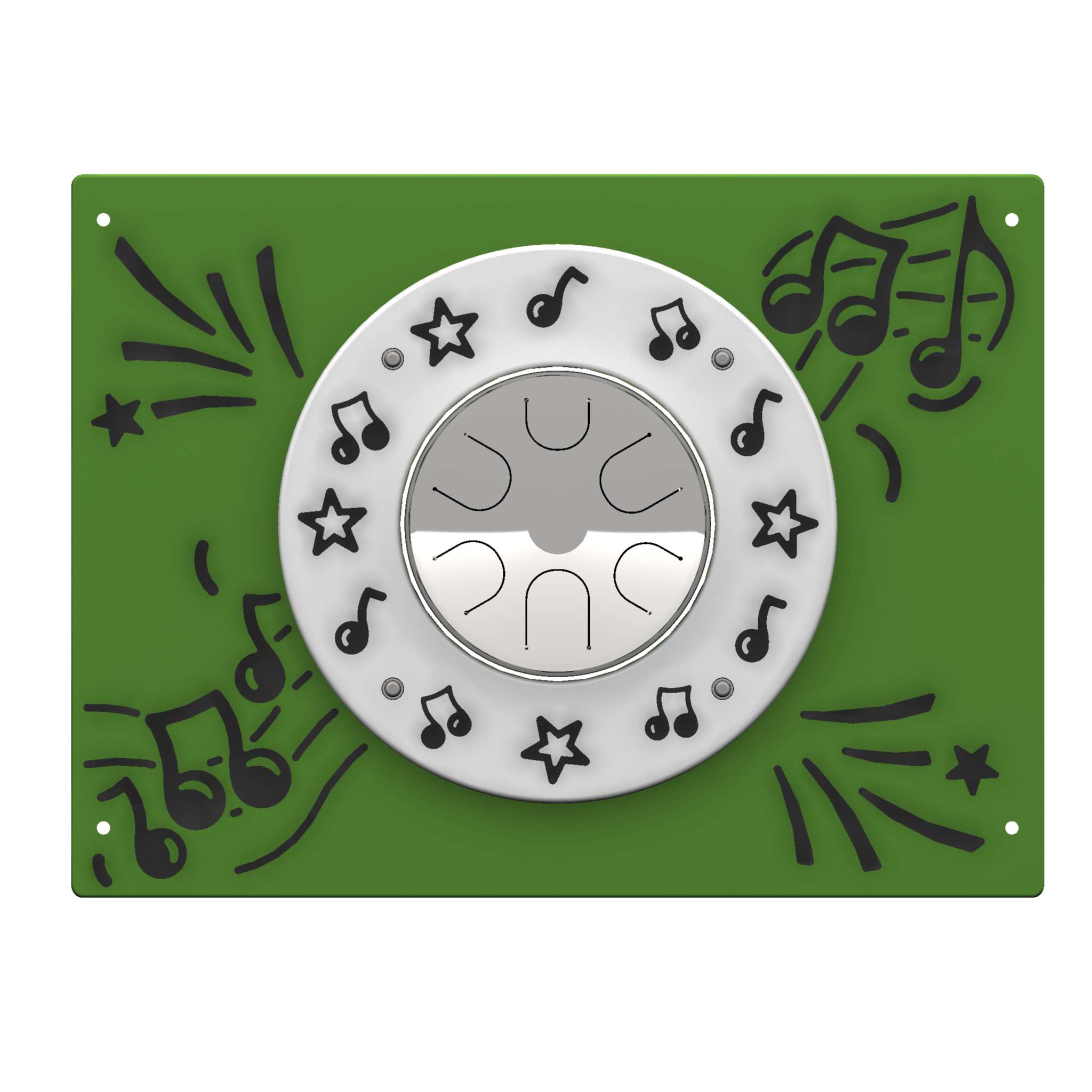 A green panel with a round silver musical instrument in the centre, surrounded by black musical notes, stars, and lines.