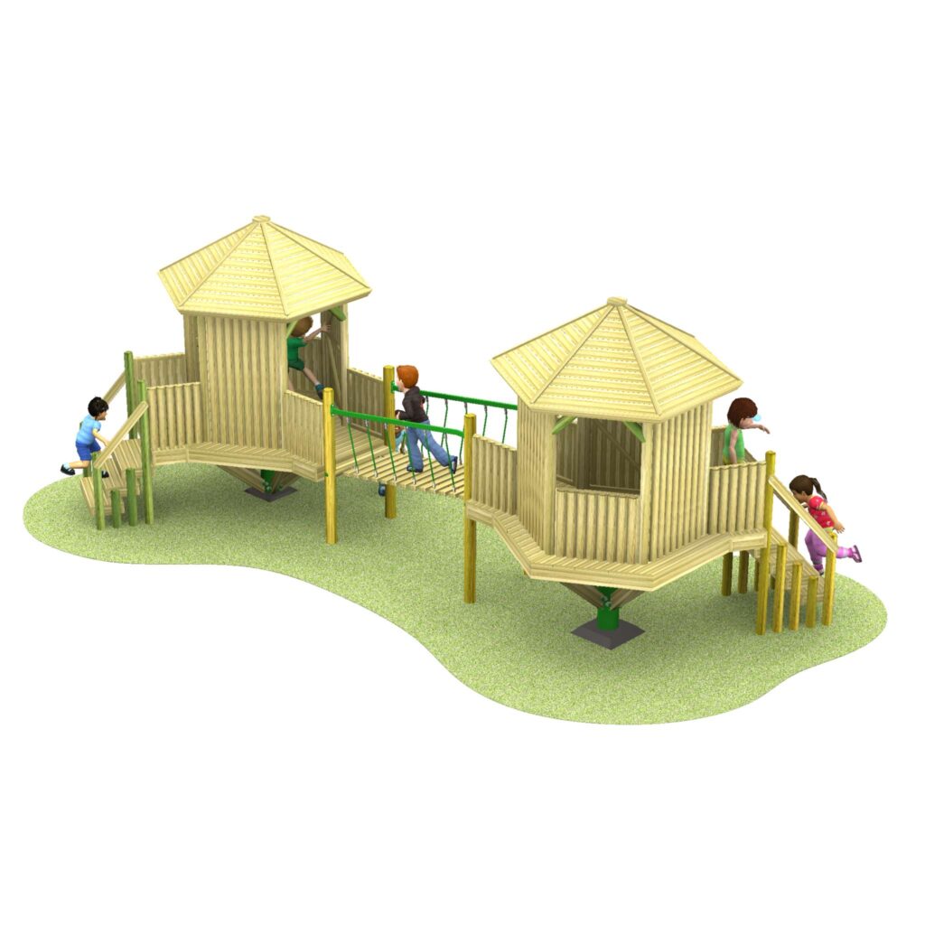 A wooden Cayman (900mm - 1200mm) playground structure features two hexagonal towers connected by a rope bridge, where four children are climbing, playing, and sliding.