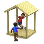 Two children play in a small wooden playhouse structure. One child stands inside whilst the other stands outside reaching towards him.
