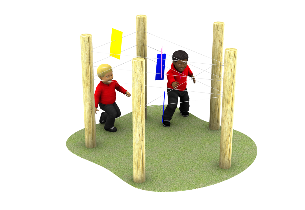 wooden display posts with hanging pictures that 2 children in red jumpers are looking at