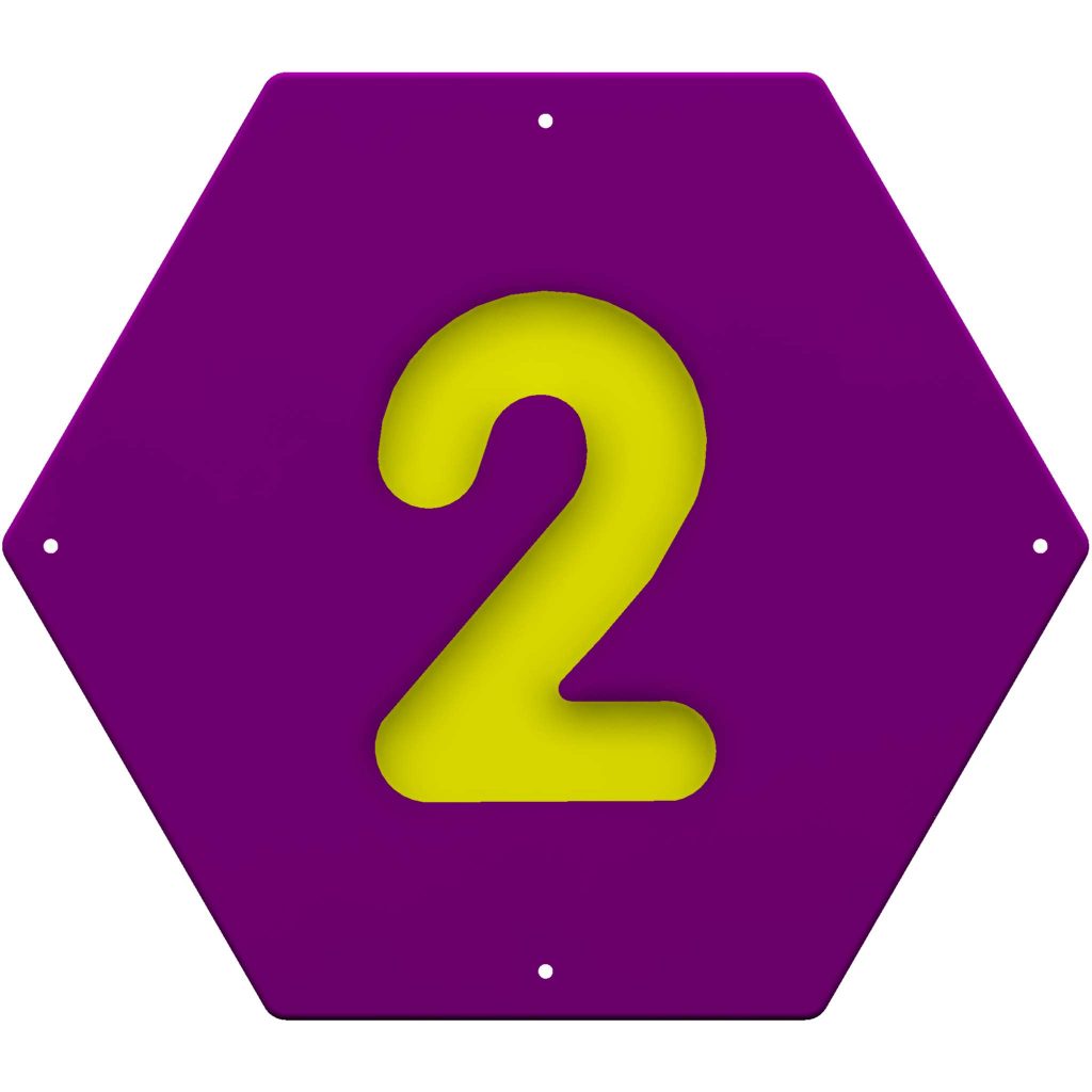Hexagonal sign with a purple background, featuring a recessed yellow number 2 in the center, ideal for use as a sports panel.