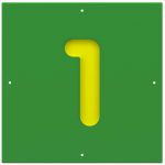 A vibrant sports panel featuring a green square adorned with a yellow raised number one in the center.