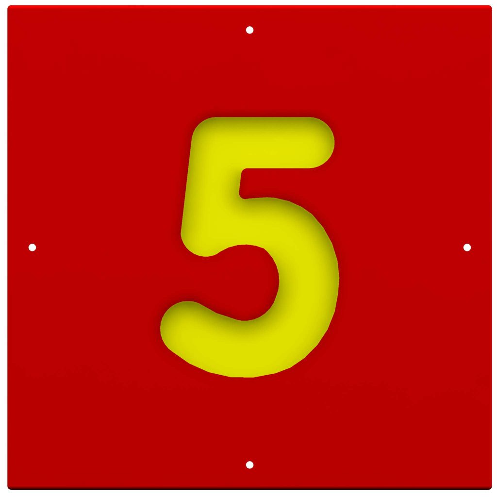 Yellow number 5 embossed on a red square background with four corner holes, creating the perfect sports panel design.