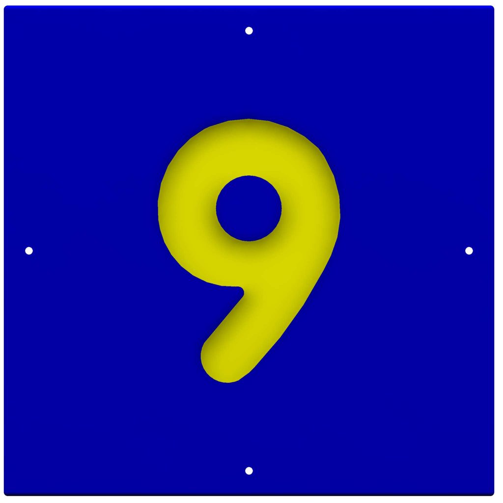 Yellow number nine on a blue square background, reminiscent of a sports panel design.