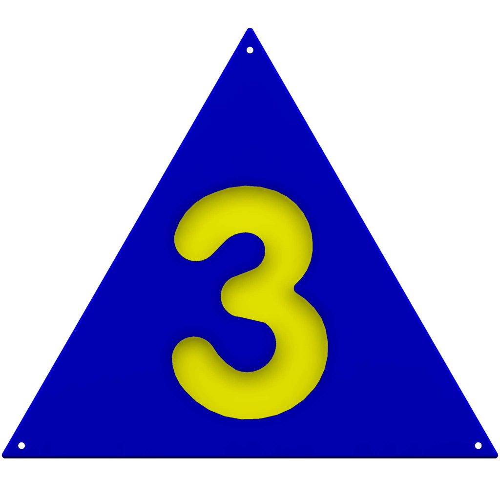 A blue triangle featuring a yellow number 3 at its core, reminiscent of a classic Sports Panel design.