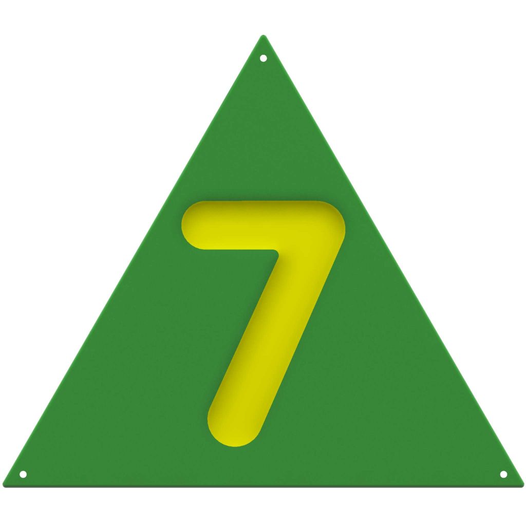 A green triangle with a large yellow number seven in the center, reminiscent of a sports panel design featuring the iconic Number 7 Triangle.