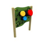 A green outdoor musical play panel with three large colourful buttons—yellow, red, and blue—on wooden posts, decorated with black musical notes.