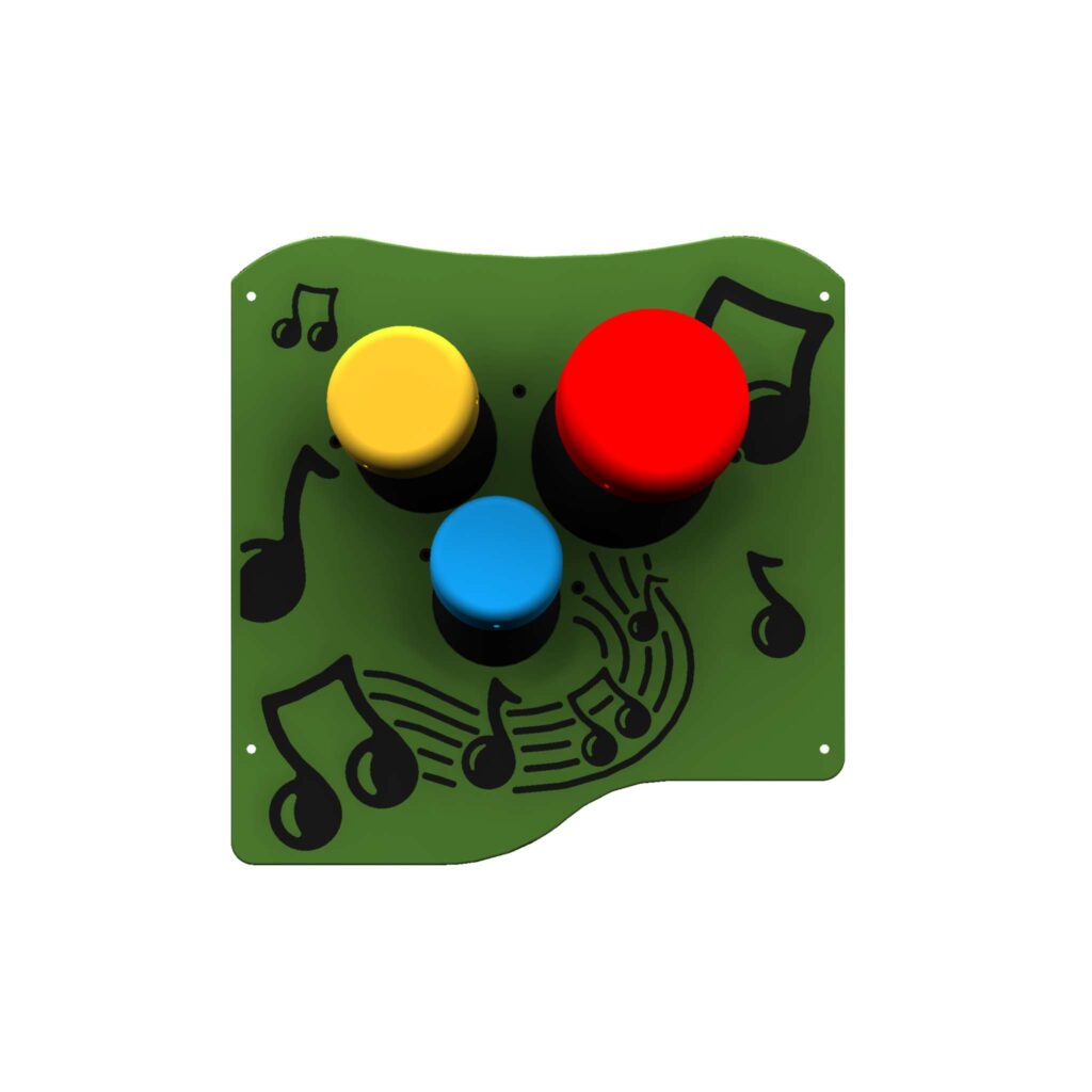 Green panel with three large colourful buttons (yellow, red, blue) and printed musical notes and symbols on the surface.