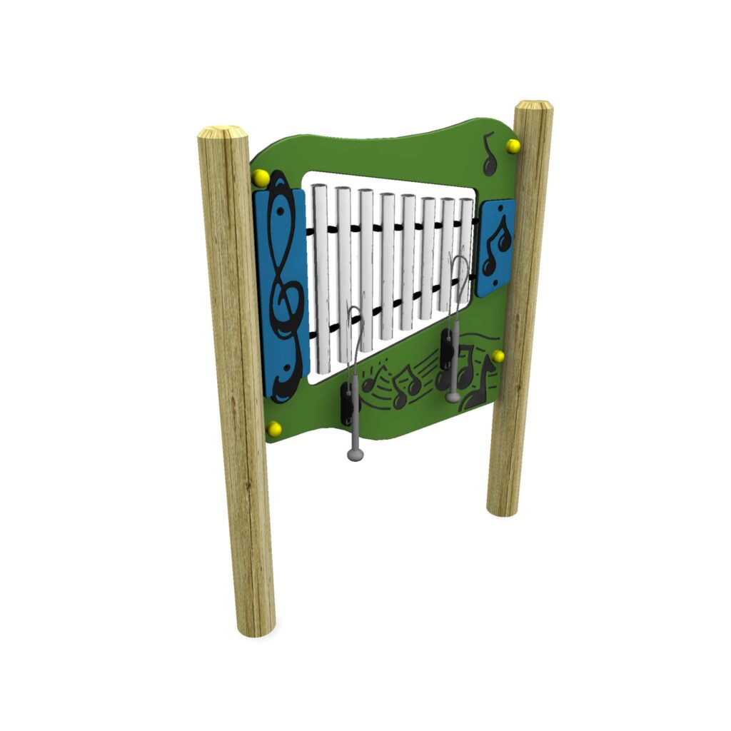 Outdoor musical play panel with vertical metal chimes, wooden posts, blue and green background, and black musical notes and symbols. Two black beaters hang from the panel.