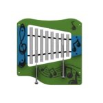 A green and blue outdoor musical panel with metal chimes, black musical notes, and two attached beaters.