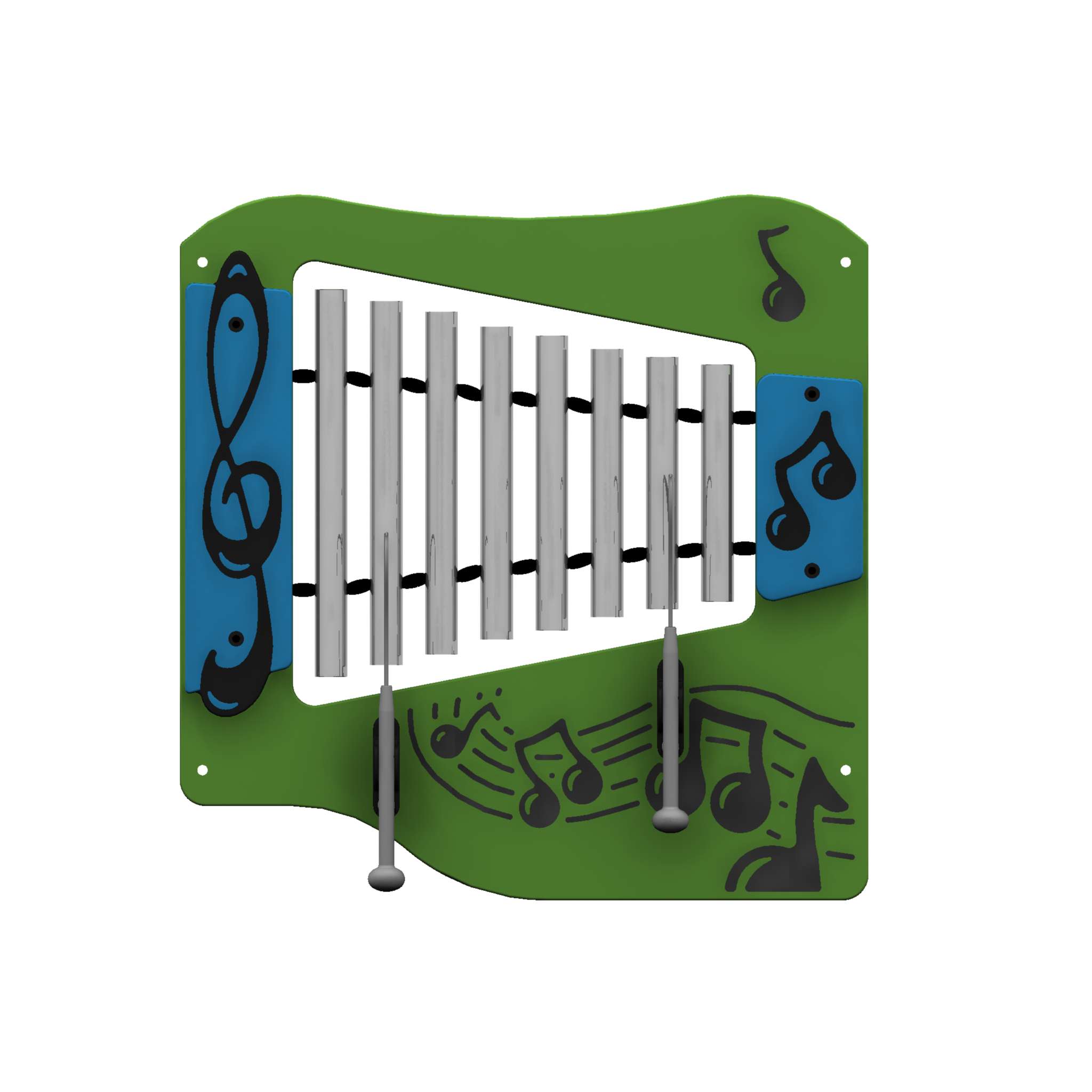 A green and blue outdoor musical panel with metal chimes, black musical notes, and two attached beaters.