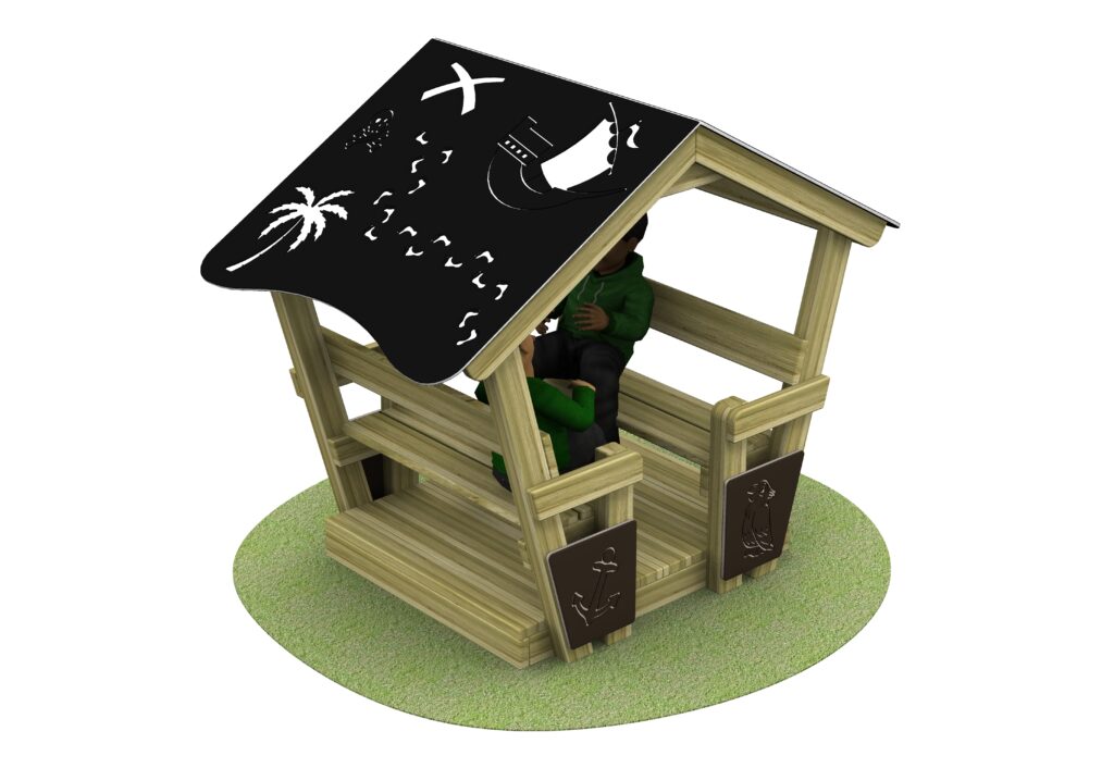 Wooden playhouse with a black roof featuring white pirate-themed drawings, two children inside, and grassy ground beneath.