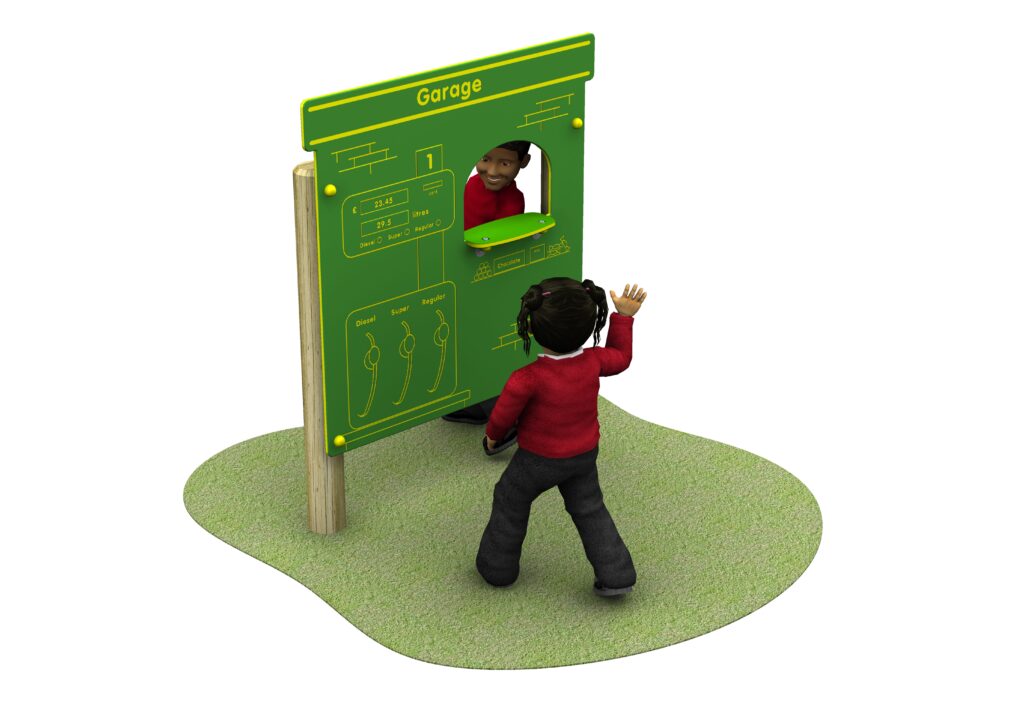 Green and yellow outdoor play panel labelled Garage with interactive features, including three levers, a window shelf, and etched illustrations, mounted on wooden posts.