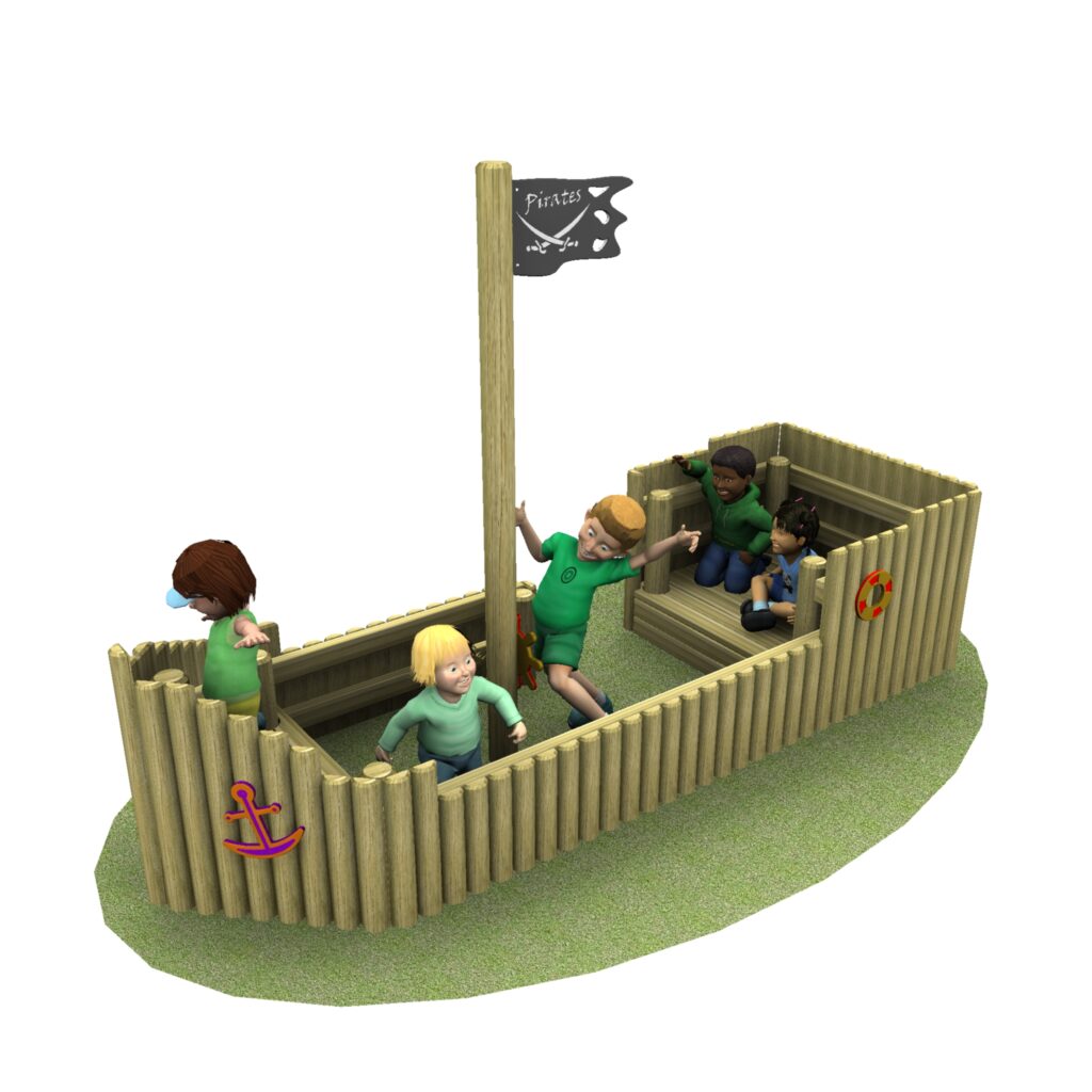 Five children play in a wooden playground structure shaped like a pirate ship, decorated with a flag, anchor, and lifebuoy, situated on a grassy area.