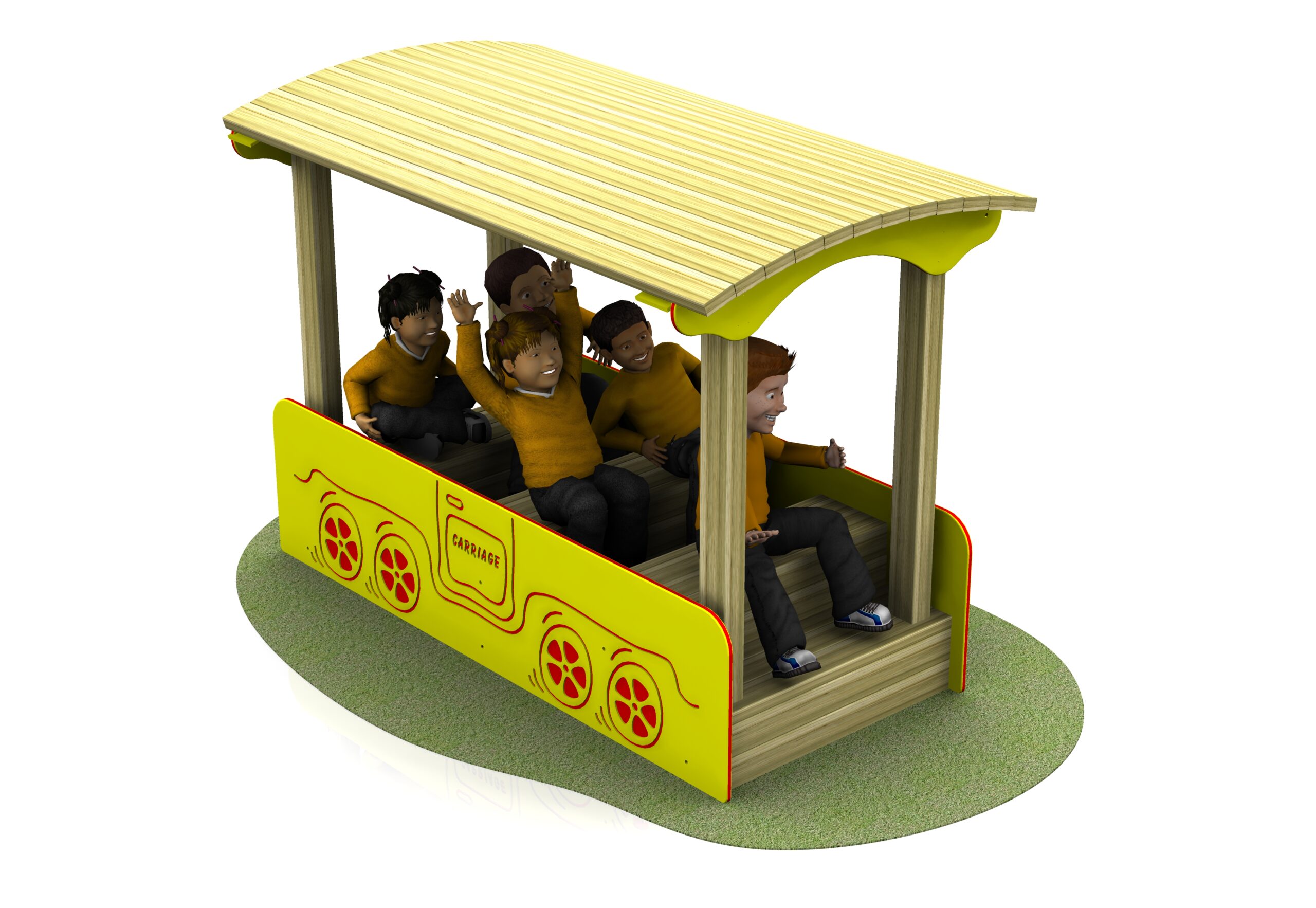 Six children in orange shirts sit and wave inside a yellow wooden play train carriage on a patch of green ground, isolated on a white background.