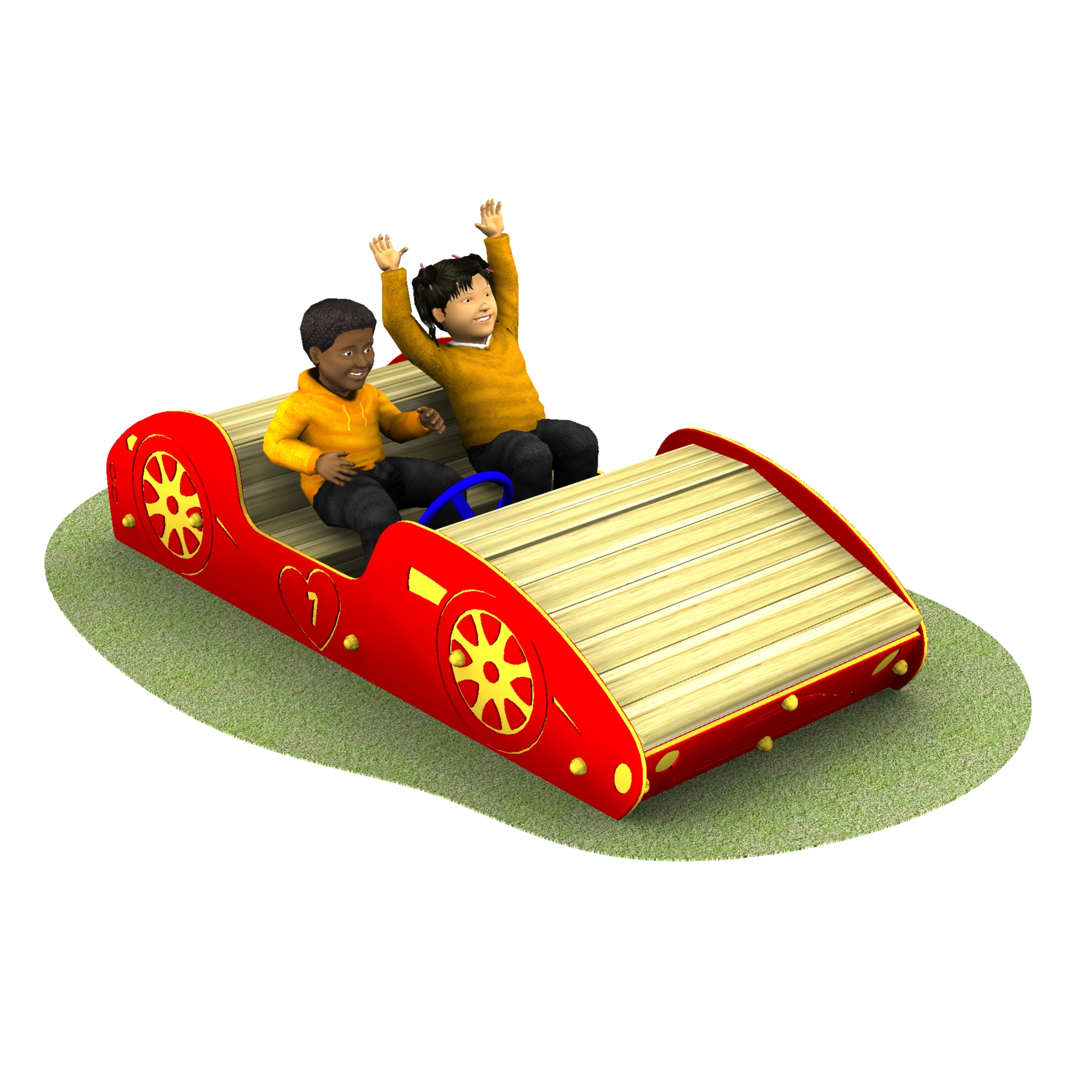 Two children wearing yellow jumpers sit in a red, car-shaped playground structure on grass, with one child holding the steering wheel and the other raising both arms.