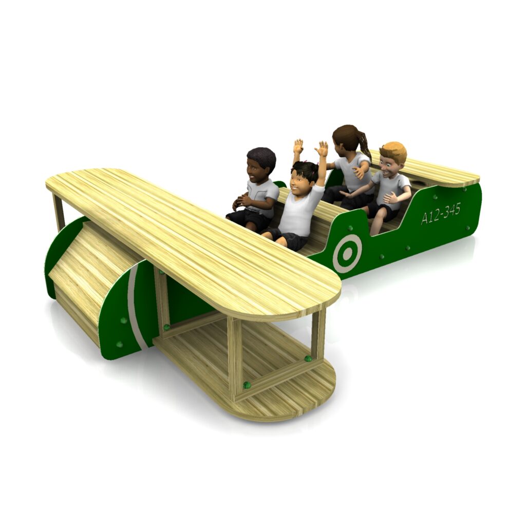 Four children sit and play on a wooden aeroplane-shaped playground structure with green and white accents, simulating a flight experience.