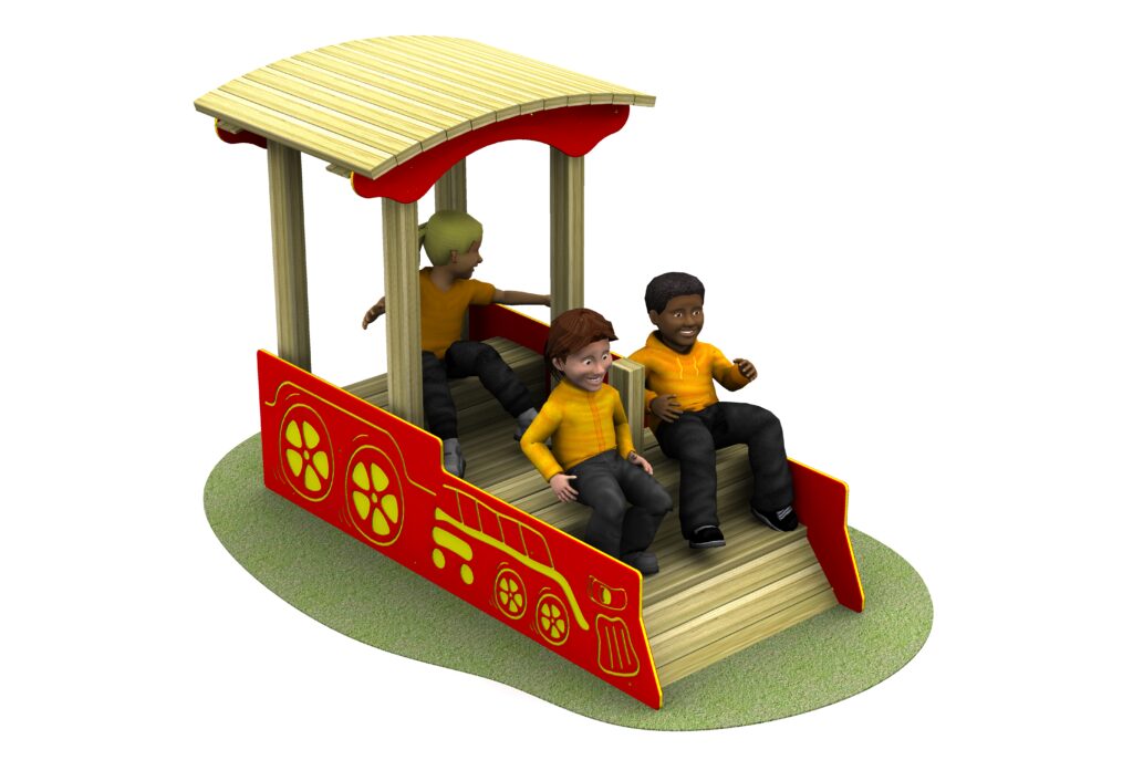 red play train with grass and children in yellow jumpers