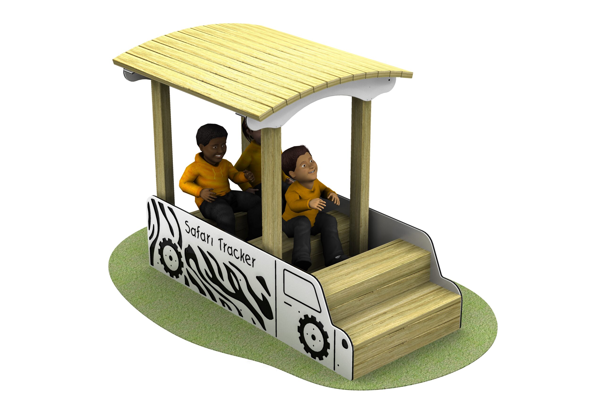 Two children sit inside a wooden play structure designed to look like a safari vehicle with zebra stripes and the words Safari Tracker on the side.