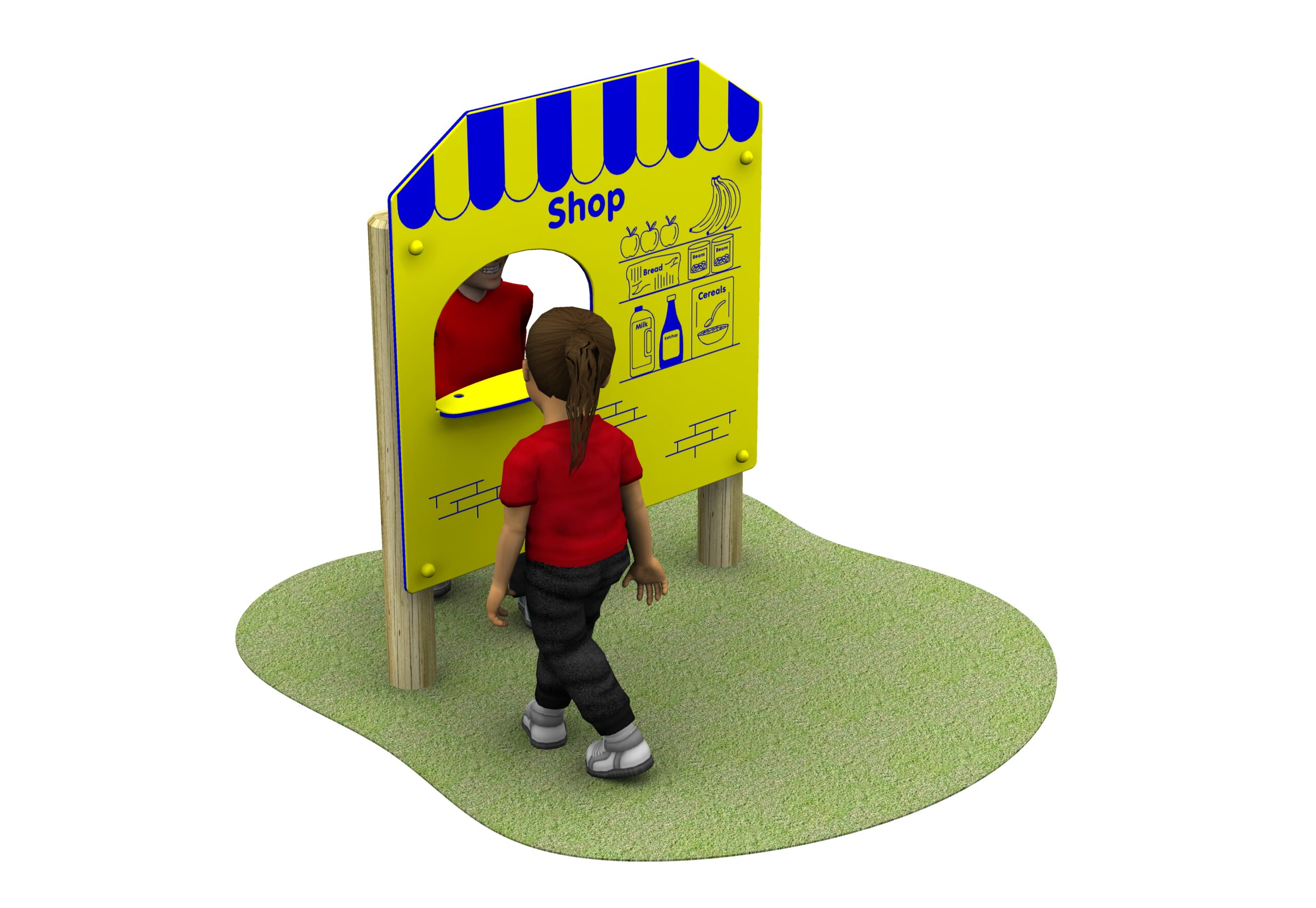 2 children using the play scene shop which is yellow and blue