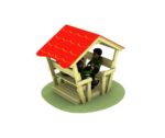Two children sit inside a small wooden playhouse with a red roof, situated on a patch of grass.