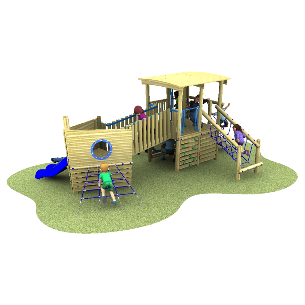 Children play on a wooden playground structure with slides, climbing nets, and a lookout area on a patch of grass.