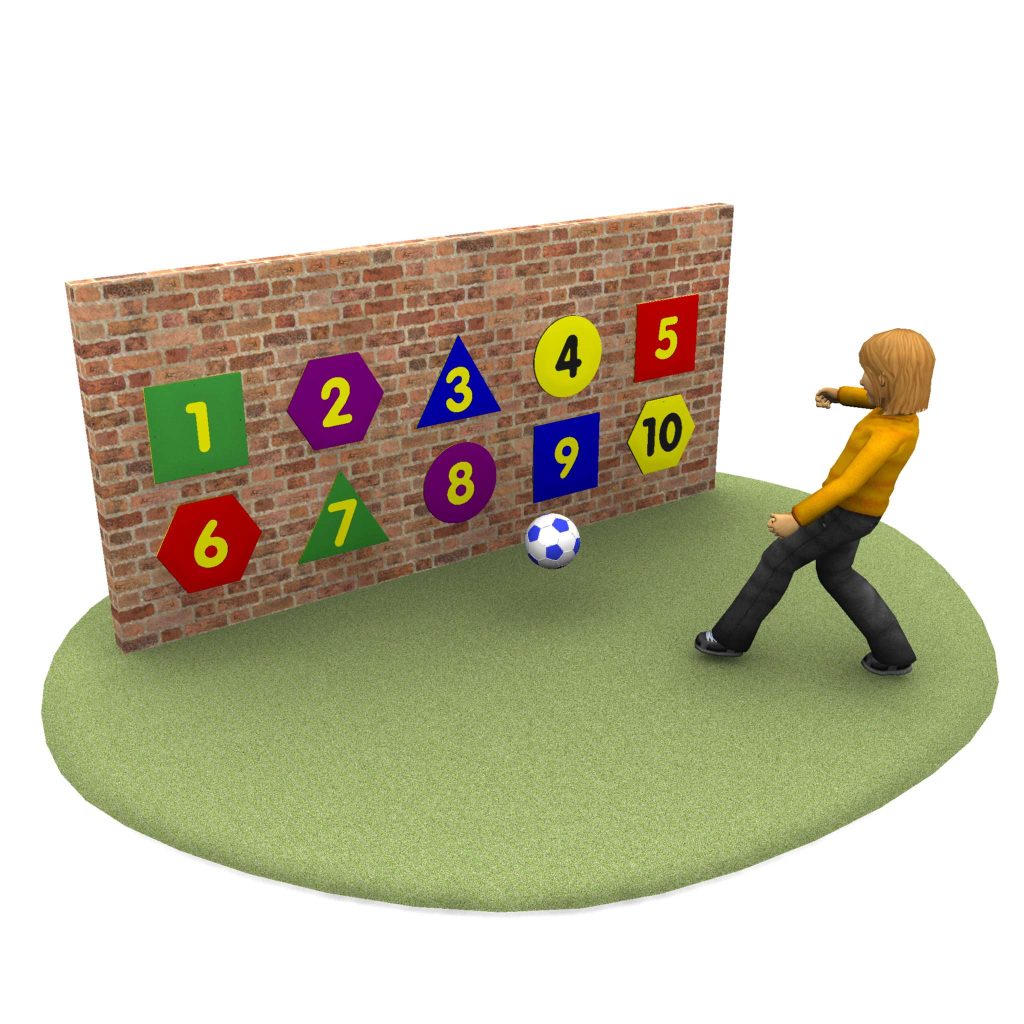 A person is kicking a soccer ball toward a vibrant sports panel, adorned with colorful shapes numbered 1 to 10 on the brick wall.