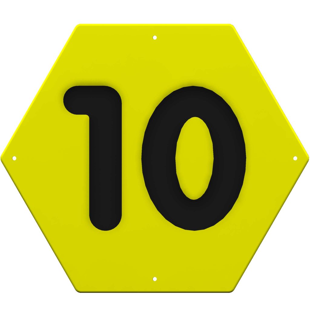 A yellow sports panel, shaped like a hexagon, proudly displays the number 10 in bold black font.