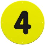 A black number four stands proudly at the center of a vibrant yellow sports panel, encased within a bold circle.