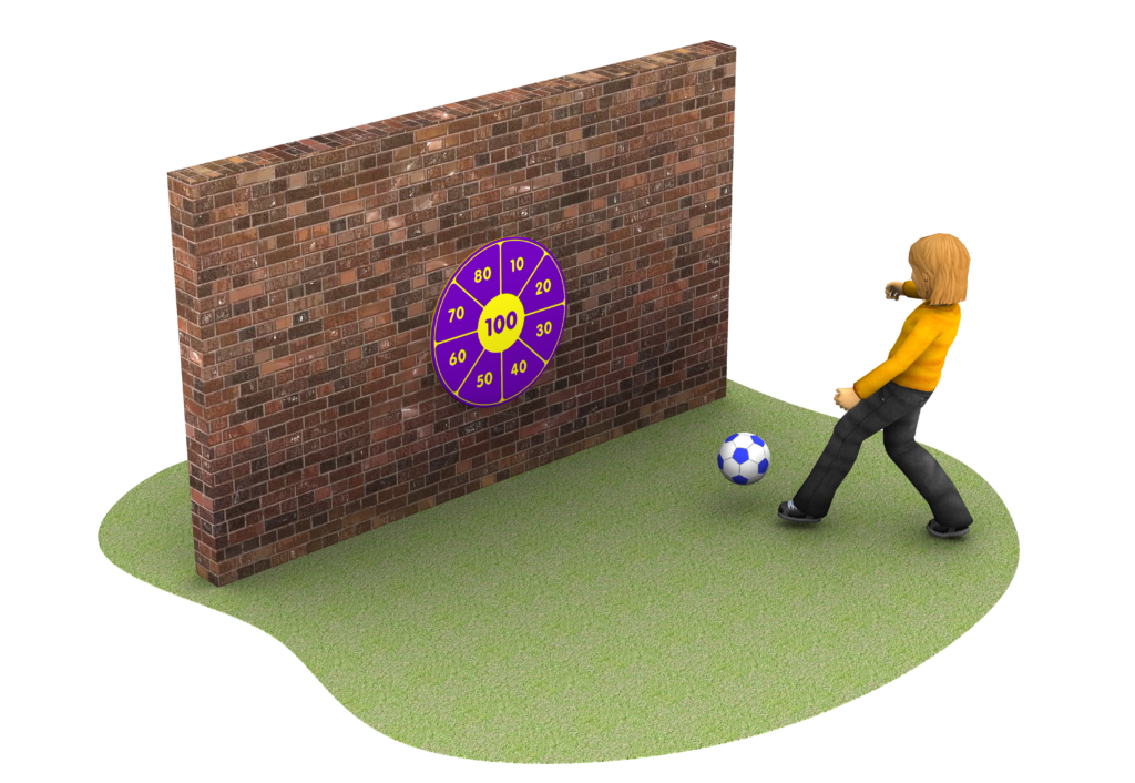 purple and yellow top score panel with a child in an orange top kicking a ball towards it