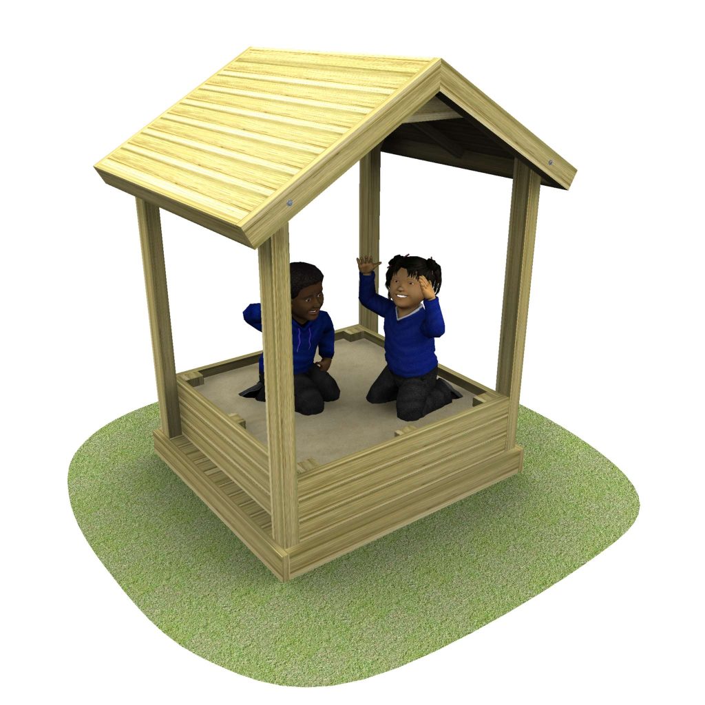 Two children are enjoying their time in a shady sand box, playing within the wooden structure with a roof. Theyre seated on the cool sand, surrounded by the lush grassy area.