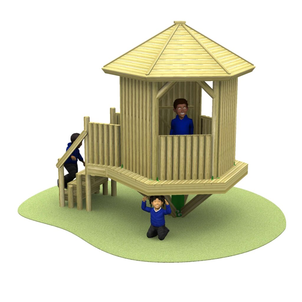 Three children play on and around a Takamaka 900mm wooden playhouse structure with a staircase, platform, and railing, set on a small patch of green ground.