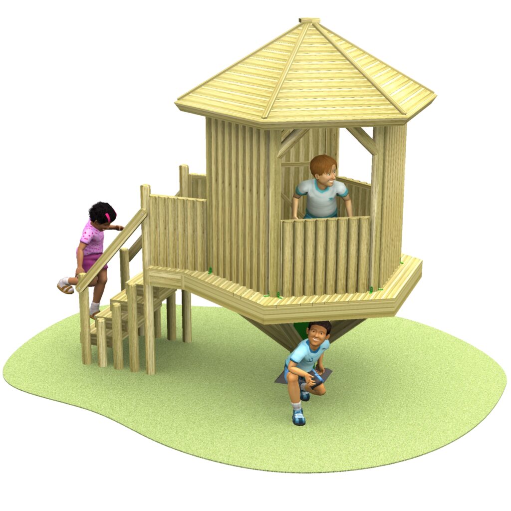 Three children play on and around a Takamaka 1200mm wooden playhouse with stairs on a grassy surface. One child is on the stairs, one inside the playhouse, and one crouches underneath.