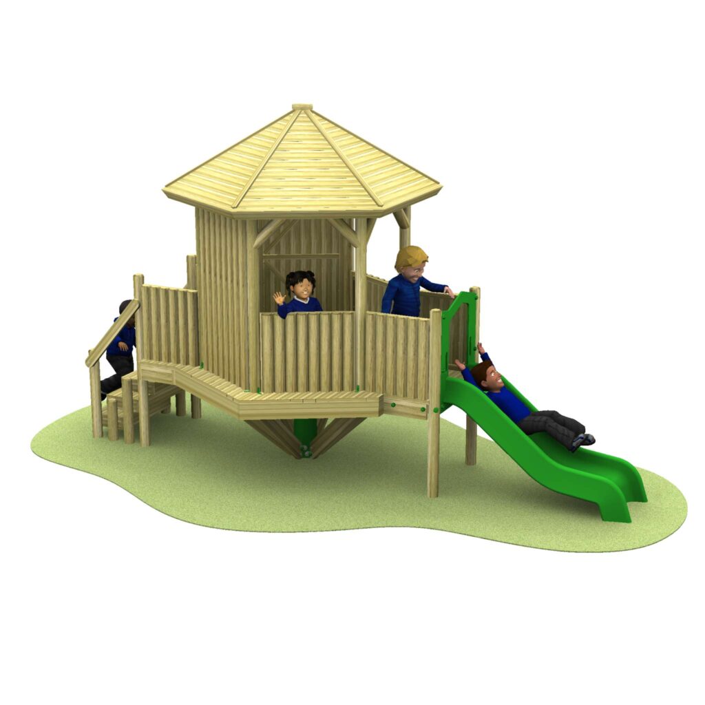 Children play on a Takamaka 900mm with Poly Slide wooden playground structure featuring a roof, balcony, green slide, and climbing steps, set on a patch of grass.
